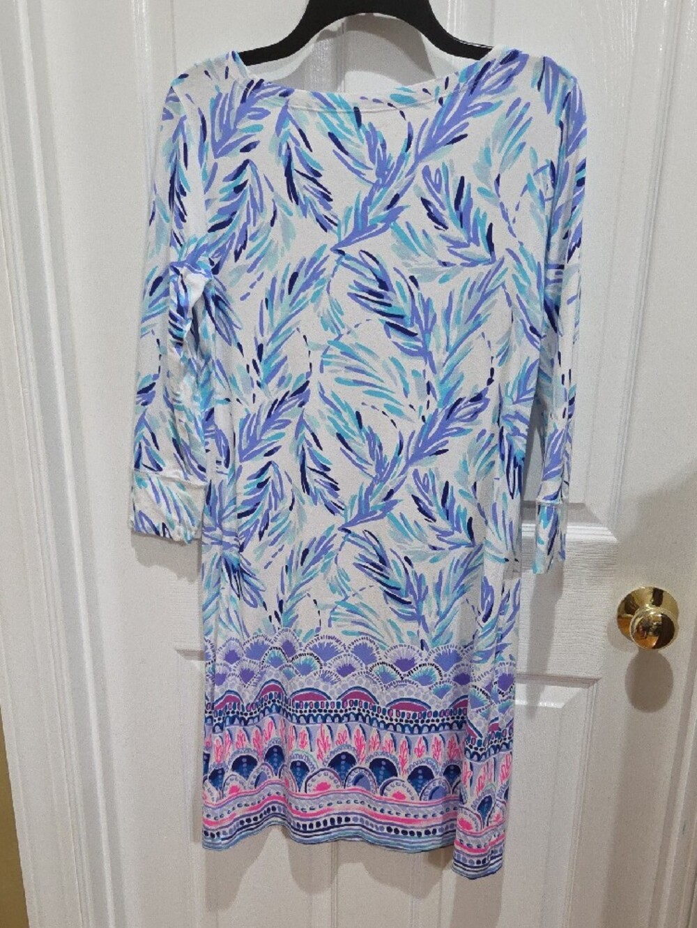 Women's Blue Leaf-Print Long Sleeve Dress with Gold-Tone Button Detail - Picture 3 of 3
